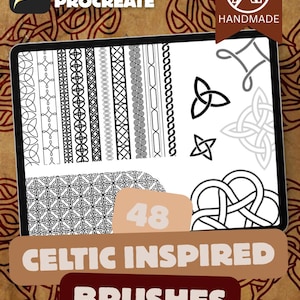 May include: A digital art product for Procreate featuring 48 Celtic-inspired brushes. The image displays various black and white brush designs, including borders, knots, and patterns. The product is labeled "HANDMADE" and includes the text "CELTIC INSPIRED BRUSHES".