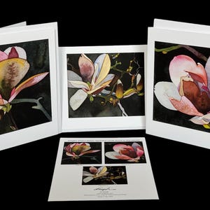 Serie floral de magnolias (paquete de 3): tarjetas de felicitación de archivo que representan bellamente una serie de magnolias derivadas de obras de arte originales en acuarela.