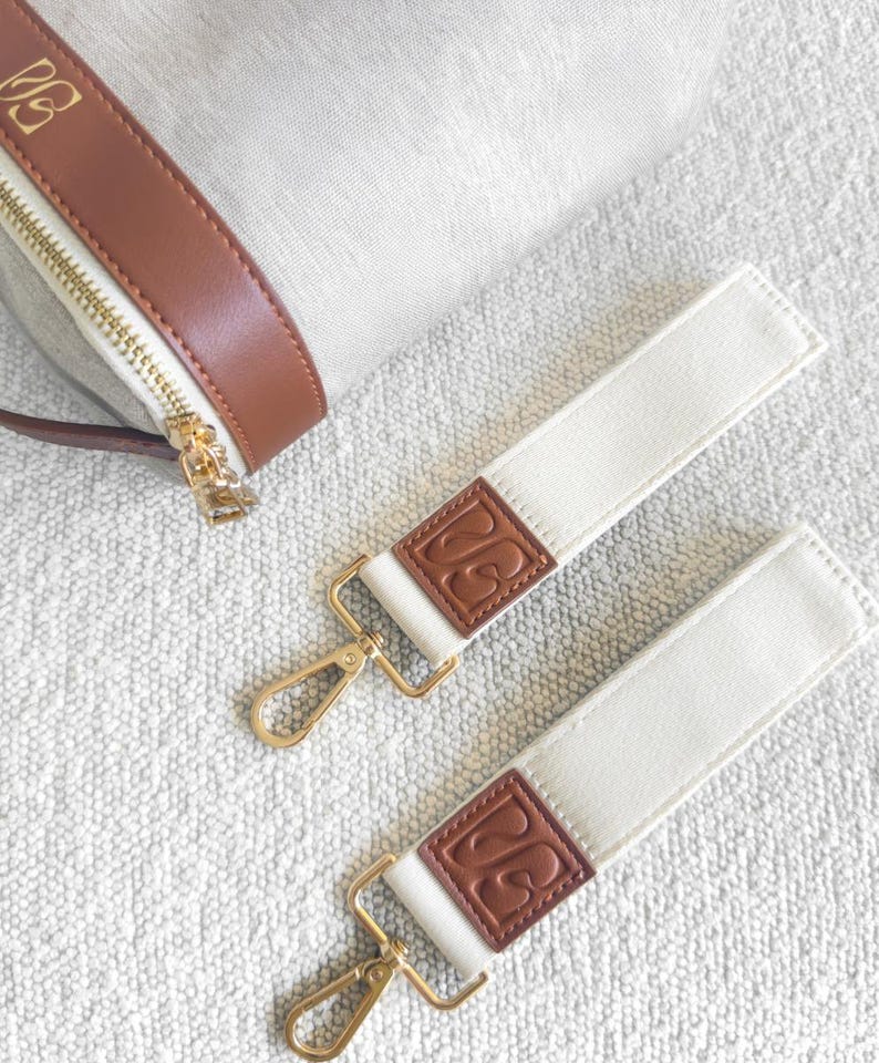 以下が含まれることがあります： ベージュのハンドバッグのクローズアップ。茶色のレザーストラップとゴールドのジッパーが付いています。茶色の革パッチとゴールドの留め金が付いた2本の白いキャンバスストラップも表示されています。革パッチにはエンボス加工のデザインが施されています。