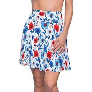Floral Skater Skirt, Red White Blue Women&#39;s Skirt, Fourth of July Outfit, Patriotic Fashion, Summer Floral Mini Skirt