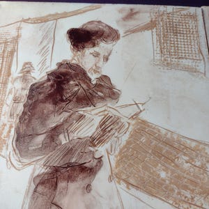 May include: A sepia-toned drawing of a person sitting and reading a book. The person is wearing a dark jacket and has their hair pulled back. The drawing is on a white background.