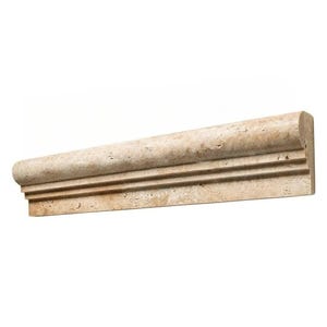 May include: A beige travertine tile molding with a rounded edge and two grooves. The tile is approximately 12 inches long.