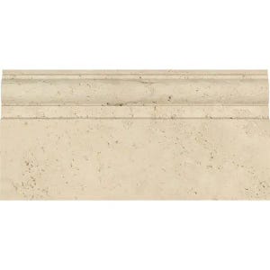 May include: A beige travertine tile with a decorative molding around the top edge. The tile has a slightly textured surface.