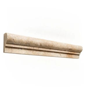 May include: A beige travertine tile molding with a rounded edge and a double groove detail. The tile is approximately 12 inches long.