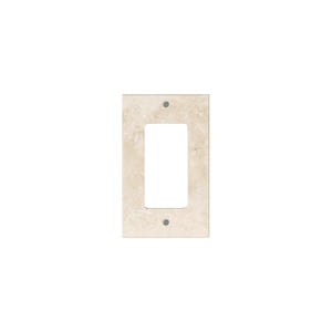 May include: A rectangular, beige-colored light switch cover with a single rectangular opening. The cover has a marbled texture and two small, silver-colored screws. The switch plate is designed to cover a single-gang light switch.