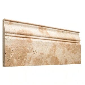 May include: A beige travertine tile with a decorative molding design. The tile has a textured surface with a natural stone look.