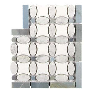 May include: White marble mosaic tile with a pattern of overlapping ovals and small round accents in shades of gray and blue. The tile is surrounded by a border of gray and blue rectangular tiles.