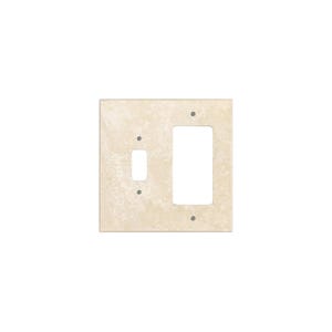 May include: A beige ceramic wall plate with two cutouts for electrical outlets. The plate has a textured surface and is designed to match a travertine tile finish.
