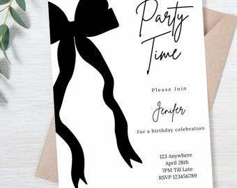 Editable Bow Birthday Invitation, Party Time (Digital)