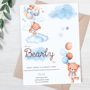 We can Bearly Wait Baby Shower Invitation - Editable Template - Boy Baby Shower Invite - Cute Teddy Bear Theme - Printable Digital Download