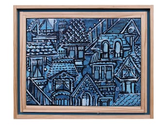 Sea Of Mansions, Original Carved Wood Painting - Buzz Parker - 8 x 10 inches trees HOME TREE HOME Redwood Forest Landscape Escape Hike