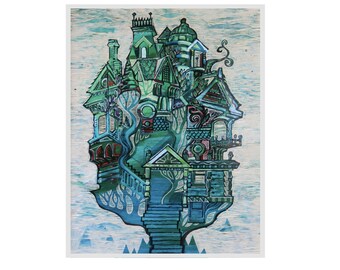 New Green Mansion #13/25 11x14 Tree House Series Art Print by Buzz Parker Backyard Tree House Getaway Vacation Home Escape Wonderhouse