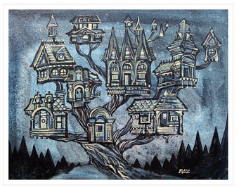 Treeville #4/50 11x14 Buzz Parker Treehouse Trees Limited Edition Art Print Getaway Hideout Vacation House