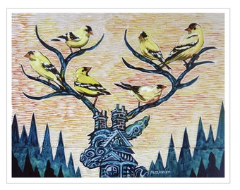 Boy's Club #1/25 11x14 Art Print of Carved Wood Painting by Buzz Parker Treehouse Forest HOME TREE HOME American Goldfinch Birds Garden Deer