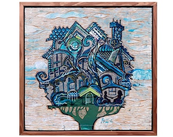 Full House, Original Carved Wood Painting by Buzz Parker Handmade 20x20 Backyard Trees Garden Treetops Forest Woods Tree House Treehouse