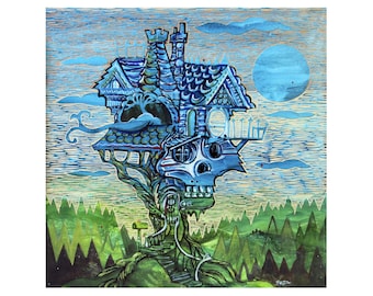 King Of The Mt #1/25 12x12 Art Pringtof Carved Wood Painting by Buzz Parker Backyard Tree House Getaway Vacation Home Escape Skull