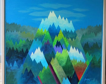 Glass Mountain, by Buzz Parker Original Acrylic Painting on Wood 22x20 Framed Backyard Trees Garden Treetops Forest Escape Woods Mountains