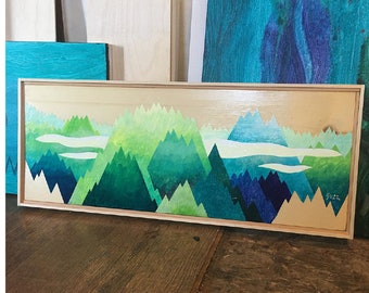 Through The Mountains, by Buzz Parker Original Acrylic Painting on Wood 10x25 Framed Backyard Trees Garden Treetops Forest Escape Woods