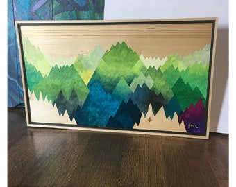 Green Valley, by Buzz Parker Original Acrylic Painting on Wood 12x20 Framed Backyard Trees Garden Treetops Forest Escape Woods Mountains