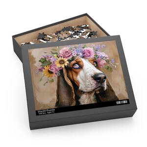 Floral Basset Hound Puzzle, Playful Basset Hound Jigsaw, Pet Lover Gift, Dog-Themed Puzzle, Relaxing Family Activity, 120-Piece, 252-Piece,