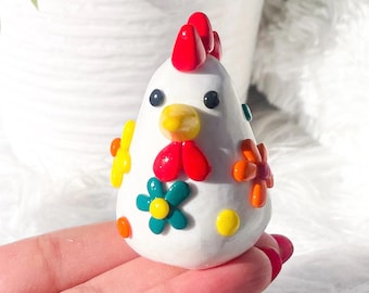 Fimo flowered hen figurine, decorative colorful miniature, natural handmade hen, animals, country and autumn style, autumn gift