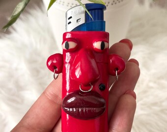 Personalized red polymer clay lighter case, face with piercings, Halloween accessory, handmade face cover, fall gift