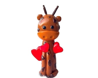 Polymer clay giraffe lady figurine with red hearts, gift for him or her