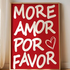 More Amor Por Favor - Romantic Wall Art, Spanish Love Quote Print, Minimalist Red Poster, Heart Wall Decor, Typography Home Art, Gift Idea