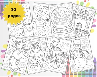 May include: A set of 20 Christmas-themed colouring pages, each with a different festive illustration, including a snowman, Santa Claus, and reindeer. The black and white images are ready to be coloured, with the text "Instant download" included.