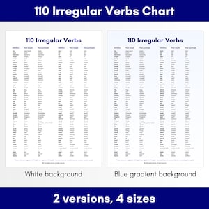 Learn 110 English Irregular Verbs, Irregular verbs poster, printable irregular verbs chart, grammar printable, classroom poster, 2 versions