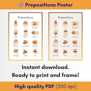 Póster de preposiciones, impresión para educación en el hogar, impresiones Montessori descargables, arte de pared para guardería, impresión de preposiciones, póster de ESL