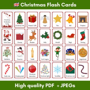 Tarjetas didácticas de Navidad (flashcards) - tarjetas de memoria flash - imprimible educativo para aprender inglés, juegos navideños