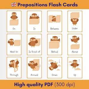May include: A set of 12 colourful flashcards featuring a cartoon owl illustrating different prepositions. The prepositions are: on, in, between, under, next to, in front of, behind, above, through, around, down, and up.