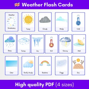15 cartes flash météo - cartes météo - éducatives à imprimer pour l'école à la maison, le préscolaire, Montessori et l'anglais langue seconde