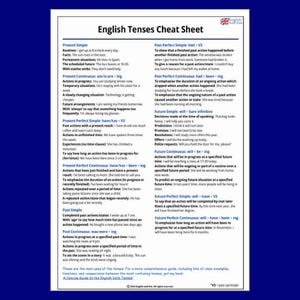English Verb Tenses Chart - Verb Tense Cheat Sheet - for Teachers and ESL Students
