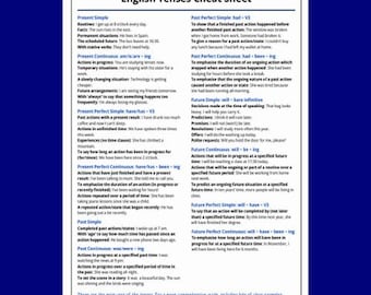 English Verb Tenses Chart - Verb Tense Cheat Sheet - for Teachers and ESL Students