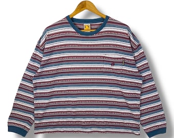 Rare!! Vintage 90's HANG TEN Tom Tom Striped Longsleeve Hawaiian Tee Shirt Medium Size