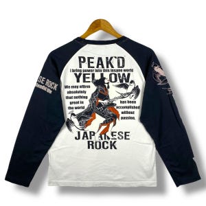 Rare!! Japanese Brand PEAK&#39;D YELLOW Japanese Rock Graphic Long Sleeve Tee Shirt Size 40