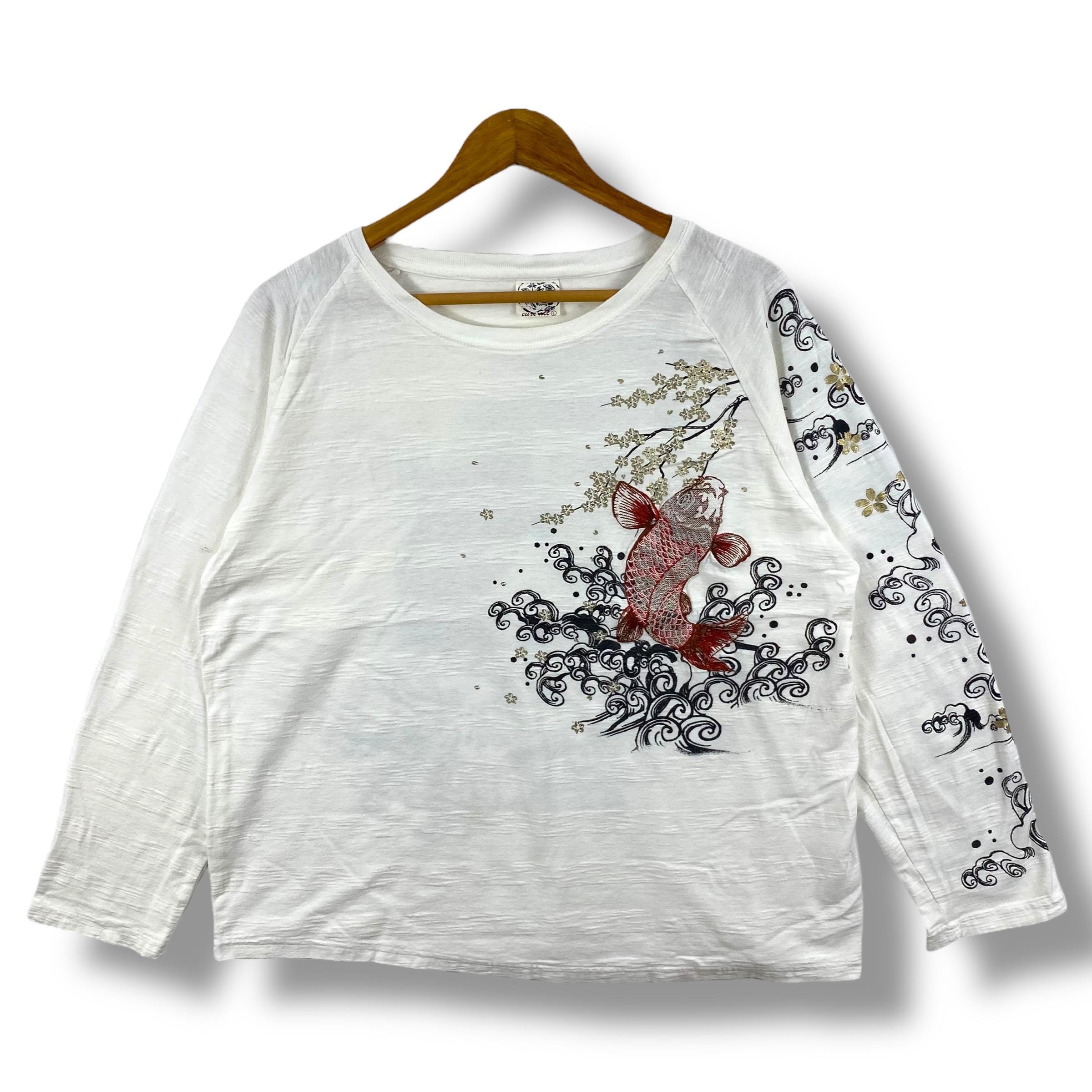Selten!! Japanisches Traditionelle CURE ALL Sukajan Stickerei Fisch Grafik T-Shirt Groß