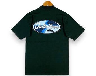 Rare!! Vintage 90's QUIKSILVER The Boardriding Company Graphic Tee Shirt Small Size Dark Green Colour