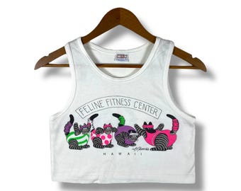 Rare!! Vintage 80&#39;s CRAZY SHIRTS Hawaii Feline Fitness Center Women Tank Tops X-Small Size