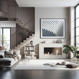 Puede incluir: Un salón moderno con una paleta de colores neutros. Cuenta con un sofá blanco, una escalera con barandillas de metal oscuro, una chimenea y una gran obra de arte abstracta enmarcada. La habitación está decorada con plantas y decoración minimalista.