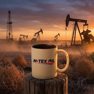 以下が含まれることがあります： 夕焼けを背景に、青、赤、白で「M-TEX OIL」の文字が入ったベージュ色のコーヒーマグ。マグカップは、風化した木の柱の上に置かれ、前景には乾燥した草木があります。