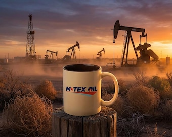 Hand Finished Ceramic Mug, M-Tex Oil Logo, Rustic Landman Cup (11oz)