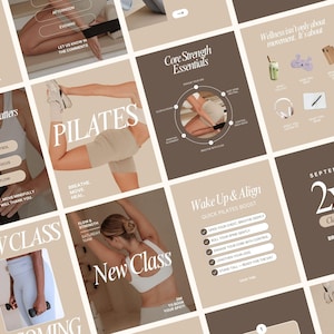 May include: A collection of social media posts in a neutral colour scheme. The posts advertise Pilates classes, core strength, and wellness. Text includes "Pilates", "New Class", and "2x1 Class Promo!"