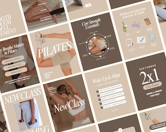 May include: A collage of social media posts with a neutral color palette. The posts promote Pilates classes, core strength, and wellness. Text includes "Pilates", "New Class", and "2x1 Class Promo!"