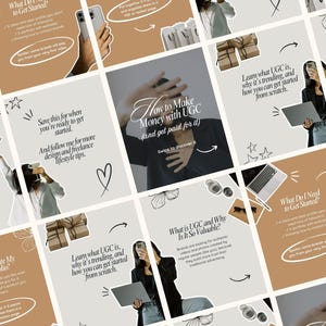 Puede incluir: Una colección de publicaciones en redes sociales con una paleta de colores neutros. Las publicaciones presentan texto sobre cómo ganar dinero con UGC, cómo empezar y crear un portafolio. Los elementos decorativos incluyen estrellas, flechas y diseños florales.