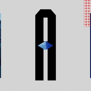 Puede incluir: Dise&ntilde;o gr&aacute;fico abstracto con formas geom&eacute;tricas y texto. Un dise&ntilde;o vertical negro central con forma de diamante azul est&aacute; flanqueado por tri&aacute;ngulos azules y rojos. La palabra "TRANSIT" y n&uacute;meros est&aacute;n en una barra vertical azul.