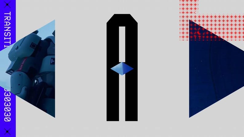 Puede incluir: Dise&ntilde;o gr&aacute;fico abstracto con formas geom&eacute;tricas y texto. Un dise&ntilde;o vertical negro central con forma de diamante azul est&aacute; flanqueado por tri&aacute;ngulos azules y rojos. La palabra "TRANSIT" y n&uacute;meros est&aacute;n en una barra vertical azul.