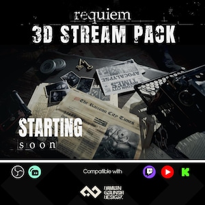 Könnte beinhalten: Ein dunkles, Vintage-Themen-Grafik mit dem Text "requiem 3D STREAM PACK" in Weiß. Das Bild enthält alte Zeitungen, eine Schreibmaschine, Fotos und die Worte "STARTING soon". Das Design ist mit verschiedenen Streaming-Plattformen kompatibel.
